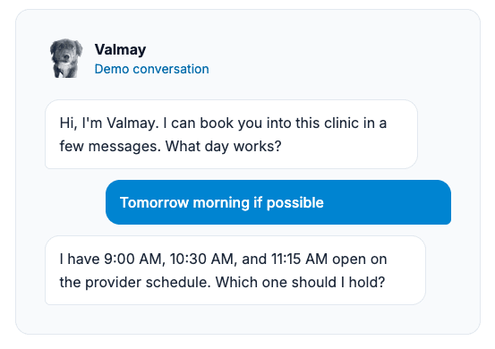 Valmay AI demo conversation booking a patient appointment